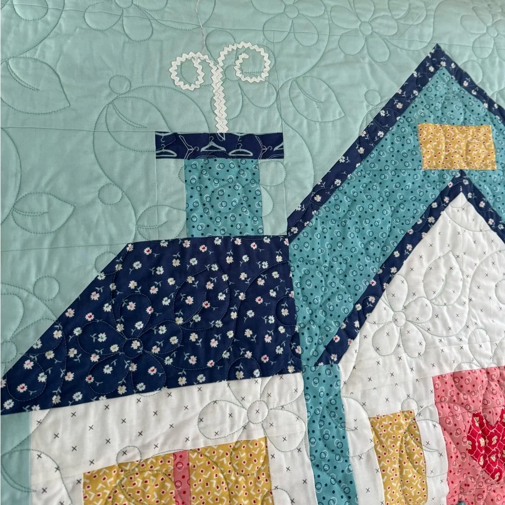 Homemade Aqua Blue Quilted Folk Art Quilt with Geometric Patterns - Picture 3 of 10